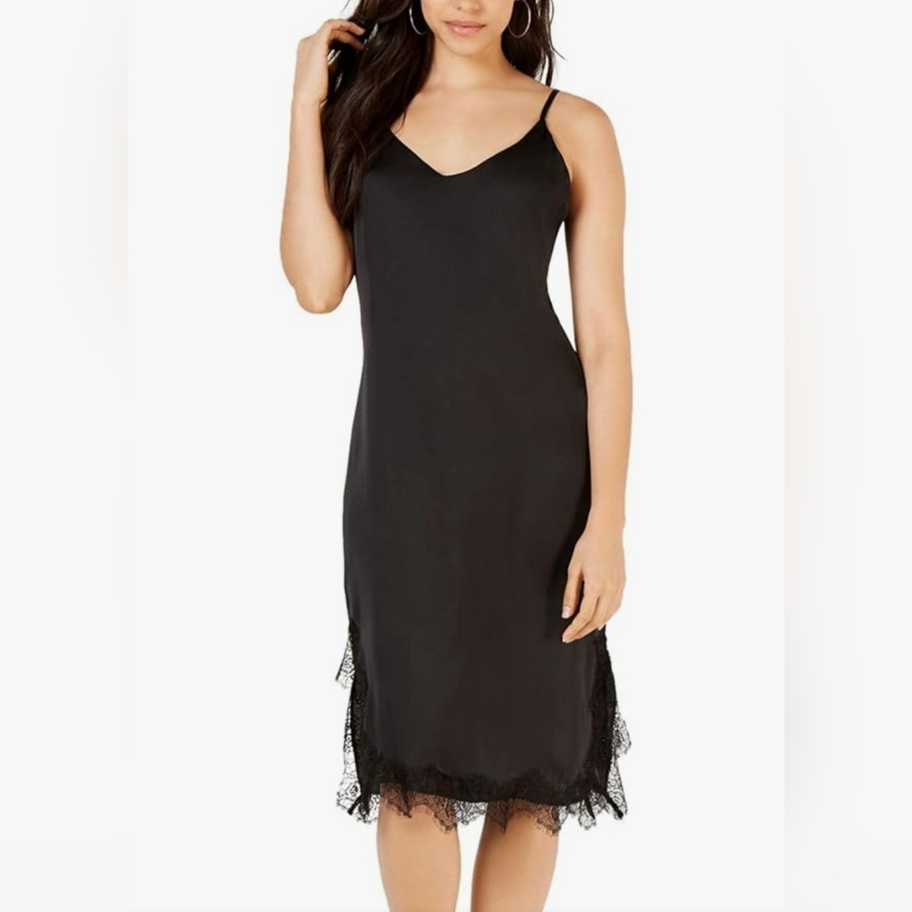 Cheap little black chemise dress with lacy trim and side slits